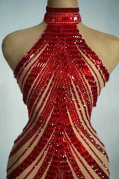 Stage Wear Sparkly Red Rhinestones Sleeveless Short Dress Women Sexy See Through Party Celebrate Birthday Dress Photography Wear Stage Wear d240425