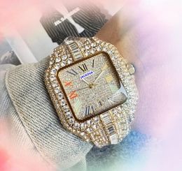 Famous day date time watch Fashion Shiny Starry Crystal Diamonds Ring Bezel Men Clock Quartz Battery Core Square Face Chain Bracelet Watches montre de luxe gifts