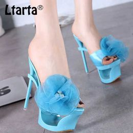 Dress Shoes 2021 Summer Fashion Womens Cool Slippers Blue Satin Diamond Chiffon Waterproof Table Unusual High Heels LFD H240425