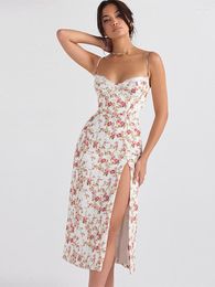Casual Dresses Ahagaga Fashion Ins Style Sexy Strappy Low-Cut Print Long Dress Split Elegant Floral