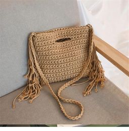 Drawstring Cotton Woven Hand Held Fringed Beach Straw Bag High Quality Designer Holiday Handbags For Women 2024