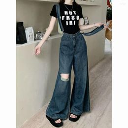 Women's Jeans Spicy Girls' Broken Hole Denim Strap Pants 2024 Summer Korean High Waist Slim Loose Versatile Wide Leg