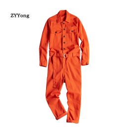 Overalls ZYYong Lapel Long Sleeve Orange Red Men's Jumpsuit Hip Hop Casual Loose MultiPocket Overalls Comfortable Cargo Pants Trousers