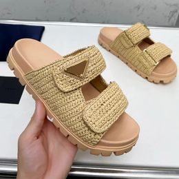 Designer Women Slippers Black Woven Platform Sandal Crochet Wedges Slides Straw Slipper Summer Two Straps Flat Comfort Mule Beach Pool With Box