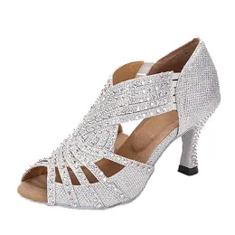 Boots Silver Glitter Rhinestones Latin Dance Shoes 2023 Ballroom Dance Shoes Women Latin Salsa Practise Perfermence Dance Shoes