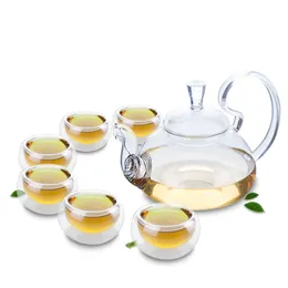 Teaware Sets 8in1 Teapot Set - 830ml High Handle Heat-Resisting Glass 6x Double Walled Cups Round Warmer