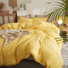 sets American Style Furball Tasseles Yellow Bedding Set Queen Home Hairball Tassel Bed Cover Sets Soft King Size Duvet Cover No Sheet