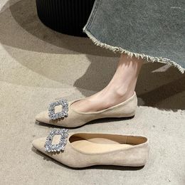 Casual Shoes Pointed Toe Women Loafers Black Beige Green Pink Rhinestone Buckle Autumn Dress Low Flat Heeled Party Woman 40