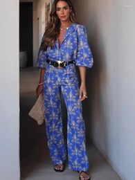 Women's Two Piece Pants Floral Printing Long Sets For Women 2024 Hawaii Round Neck Shirts High Waist 2 Pieces Suits Lady Chic Street Outfits