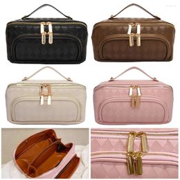 Cosmetic Bags Women Zipper Bag PU Leather Makeup Storage Handbag Diamond Lattice Large Opening For Home Business Trip