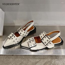 Casual Shoes 2024 Spring Summer Women Sandals Pointed Toe Square Low Heel Slingback Fashion Buckle Strap Punk Retro Style Leather