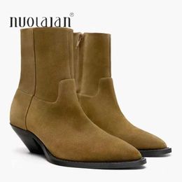 Boots Women Boots 2023 Vintage Brown Cowboy Ankle Boots Autumn Fashion Pointed Toes Zipper Boots Chunky Heel Woman Boot Female H240425