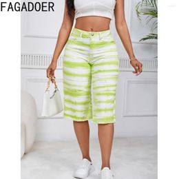 Women's Pants FAGADOER Fashion Tie Dye Printing Straight Women High Waisted Button Loose Capri Summer Female Hole Bottoms 2024