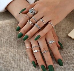 Cluster Rings Boho Midi Finger Set For Women Punk Eye Flower Hollow Out Sliver Knuckle Jewelry Gift9864598