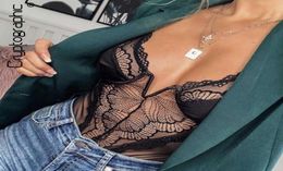 Cryptographic Deep V Fashion Lace Sexy Bodysuit Women Patchwork Mesh Transparent Female Jumpsuit Slim Body Mujer Catsuit Q19055802836