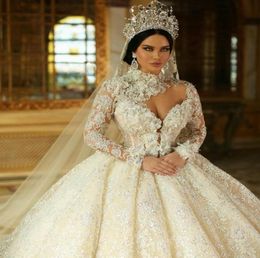 High Neck Muslim Style Wedding Dresses Bridal Ball Gowns Princess Long Sleeves Lace Appliques Wedding Gowns Plus Size Beading Pear6890429