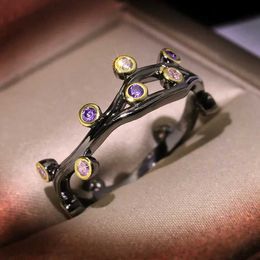 Band Rings high quality black gold ring colorful zircon wedding party engagement jewelry gift for Lady Geometric H240425