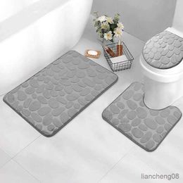 Bath Mats Toilet Seat Cover 3Pcs Set Bath Mat Shower Room Floor Rug Home Bathroom Anti-Slip Absorbent Doormat Pebbles Bathtub Decor Carpet