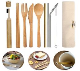 Reusable Knife Utensil Tableware Bamboo Travel Portable Spoon Fork Chopstick With Cloth Bag Eco Friendly Picnic Cutlery Set T191213786876