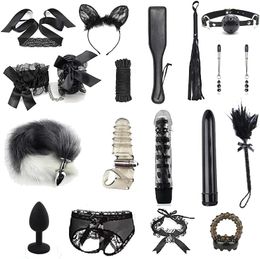 BDSM Restraints Sex Toys 18pc Bondage Restraints Set Fetish Bed Restraints Kits for Beginners Light SM Adult Games Safe BDSM Cuffs Nipple Clamps Flogger Ball Gag