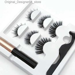 False Eyelashes 3 pairs of magnetic false eyelashes Reuse eyelash waterproof liquid eyeliner with Tweezer makeup set Q240425