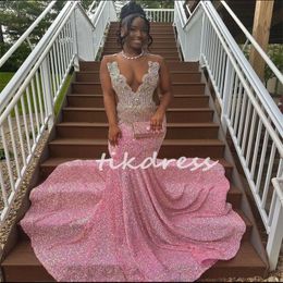 Sparkly Pink Sequin Prom Dresses With Diamond Crystal Sheer Neck Plus Size Mermaid Aso Ebi Evening Dress 2024 8th Grade Formal Birthday Party Gowns Vestios De Fiesta