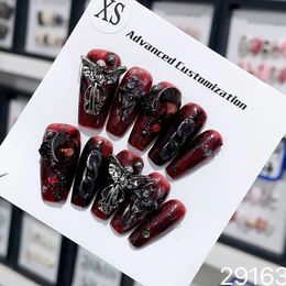 Handmade Y2k Press on Nails Goth Style Black and Red Halloween Fake Nails with Design Full Cover Long Coffin Acrylic Nail Tips 240411