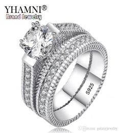 YHAMNI 100 Real 925 Sterling Silver Rings Set Hearts and Arrows 1ct CZ Diamond Wedding Rings for Women Double Engagement Ring MR196660463
