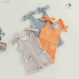 Rompers Pudcoco Toddler Kids Baby Girls Sleeveless Romper Solid Colour Ribbed Bodysuit Summer Clothes with Pockets 6M-4T d240425