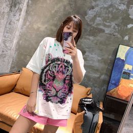 2022 Womens T-shirts Summer Round Neck Casual Tshirt Female Hot Drilling Men and Women Casual Ladies Short Sleeve Tee