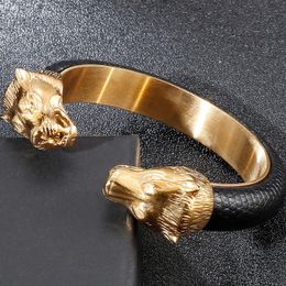 Gold Colour Stainless Steel Lion Head Open Bangles For Men Elastic Adjustable Leather Bracelets Boys Hand Accessories Jewellery 240416