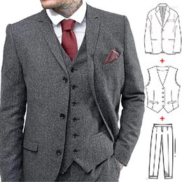 Men's Suits 3 Piece Wool Tweed Men For Winter Wedding Groom Tuxedo With Peaked Lapel Man Fashion Clothes Set Jacket Vest Pants