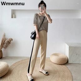 Women's Two Piece Pants Thin Knitted Casual 2 Set Stripe Ice-silk Short Sleeve Tops Conjuntos Women Fashion Summer Pantalones Outfits