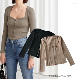 Women's T Shirts Fashion Ins With Small Highlights Bare Collarbone Sexy Low Collar Zipper Cardigan Slim Rib Stretch Peach Long Sleeve Top