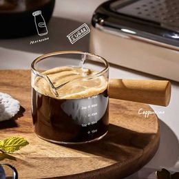 Tumblers Glass Espresso Extraction Measuring Cup Coffee Milk Tool Wooden Handle Jar Single/double Mouth H240425