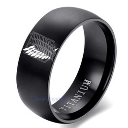 8mm Attack on Titan Black Sliver Stainless Steel Ring Wings of Liberty Flag Finger Rings for Men Women Jewellery Anime Fans 220719