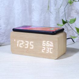 Clocks Wooden Clock Desk Digital Alarm Clock Wireless Charging Clock for Table Bedroom Desk LED Display Thermometer Humidity Clock