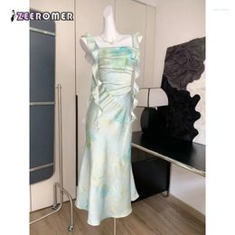 Casual Dresses Style Summer 2024 French Satin Swing Collar Lotus Leaf Fishtail Skirt Bag Hip Square Elegant Temperament