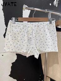 Women's Shorts Sweet Blue Floral Print Eyelet Straight Women Button Elastic High Waist Home Underwear Casual Vintage Chic Y2K Short Pant