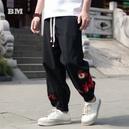 Pants Nezha Hot Wheel Embroidery Cotton Linen Sports Pants Chinese Plus Size Fashion Casual Sweatpants Men Clothing Harajuku Joggers