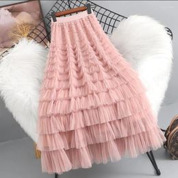 Skirts Cake Mesh Tulle Skirt Women Spring Summer Korean Fashion Elastic High Waist Black Pink Party Pleated Midi Long 2024