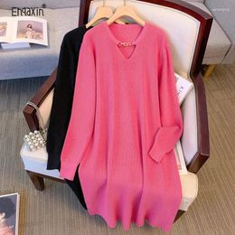 Casual Dresses EHQAXIN Women's Knitted Dress Fashion 2024 Autumn Winter Korean Elegant Chain Sweater Loose Pullover For Ladies M-4XL