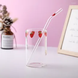 Wine Glasses Ins Nana Strawberry Heat Resistant Coffee Milk Water Cups With Straws Clear Cute Juice Smoothie Cold Drinks Straw Cup