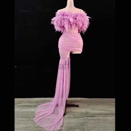 Stage Wear Women Sexy Stage Mesh Transparent Long Train Glove Dress Birthday Evening Celebrate See Through Mesh Dance Singer Outfit d240425