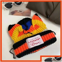 Beanie/skull Caps Beanie/skl Cute Top Quality Fashion Hooded Lover Boy Ear Knit Double-layer Warm Woollen Hat Niche Design Hip-hop Personality Cold-proof Hats 4768