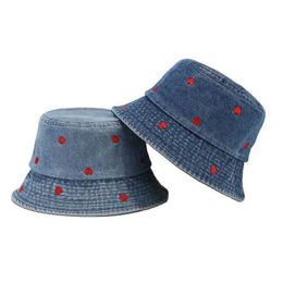 Wide Brim Hats Bucket Hats 2023 Four Seasons Denim Embroidery Bucket Hat Fisherman Hat Outdoor Travel Sun C for Men and Women 182 J240425