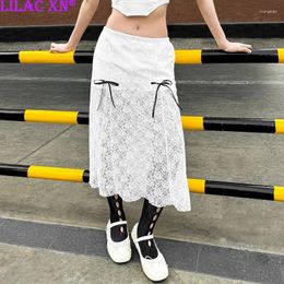 Skirts Y2K Sexy White Floral Lace Mesh Long Korean Aesthetic See Through Bowknot Midi Skirt Fashion Women Streetwear