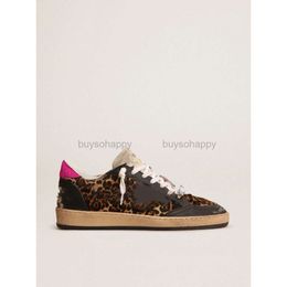 Low top small dirty shoes designer luxury Italian retro handmade Ball Star sneakers in leopard-print pony skin with a white leather star and Multicoloured pins