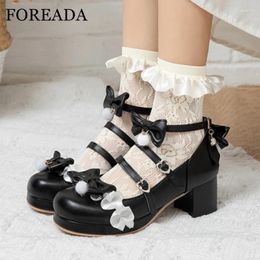 Dress Shoes FOREADA Women Ankle Strap Lolita Platform Round Toe Pumps Thick High Heel Buckle Bow Female Footwear Autumn Pueple