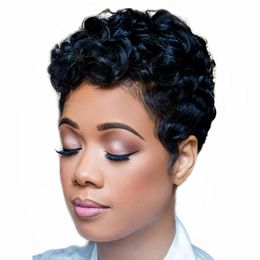 Short Pixie Cut wig Human Hair Wigs for Black Women Pixie Curly Wigs with Bangs Short Curly Layered Pixie Wig for Women Color 1B# Glueless Wigs